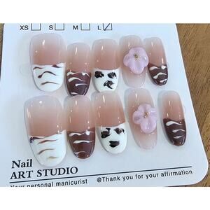 Brown French Tip with Pink Flower - long oval | Press on Nails | Sz Large